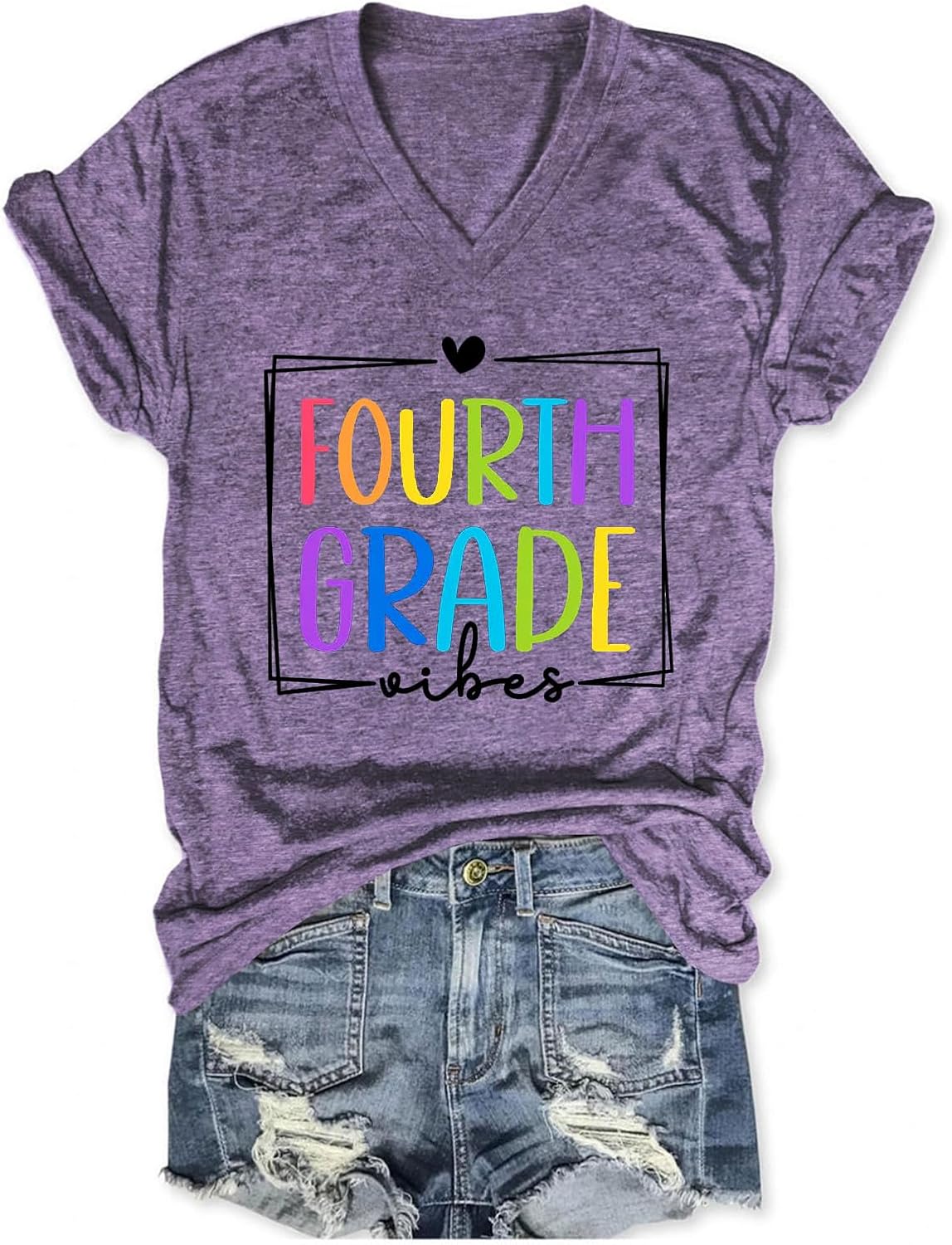 Fourth Grade Teacher T-Shirt Womens Funny Teacher Graphic Shirt Back to School Tops Casual Short Sleeve V Neck Tees - Purple