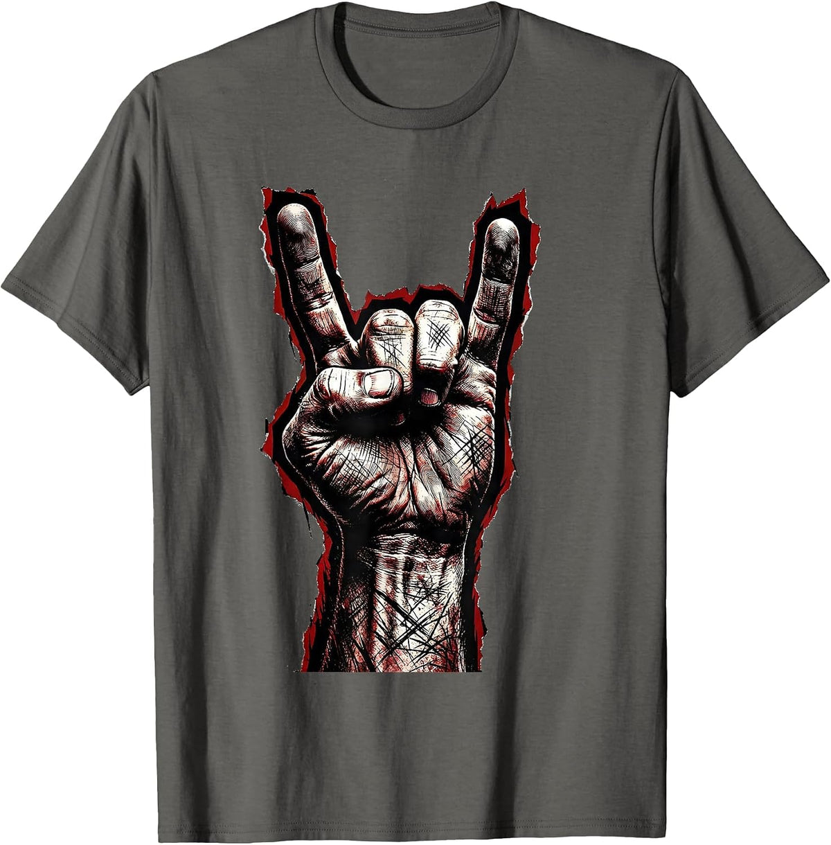 Giant Devil Horns Hand Heavy Metal Graphic T-Shirt - Asphalt Grey