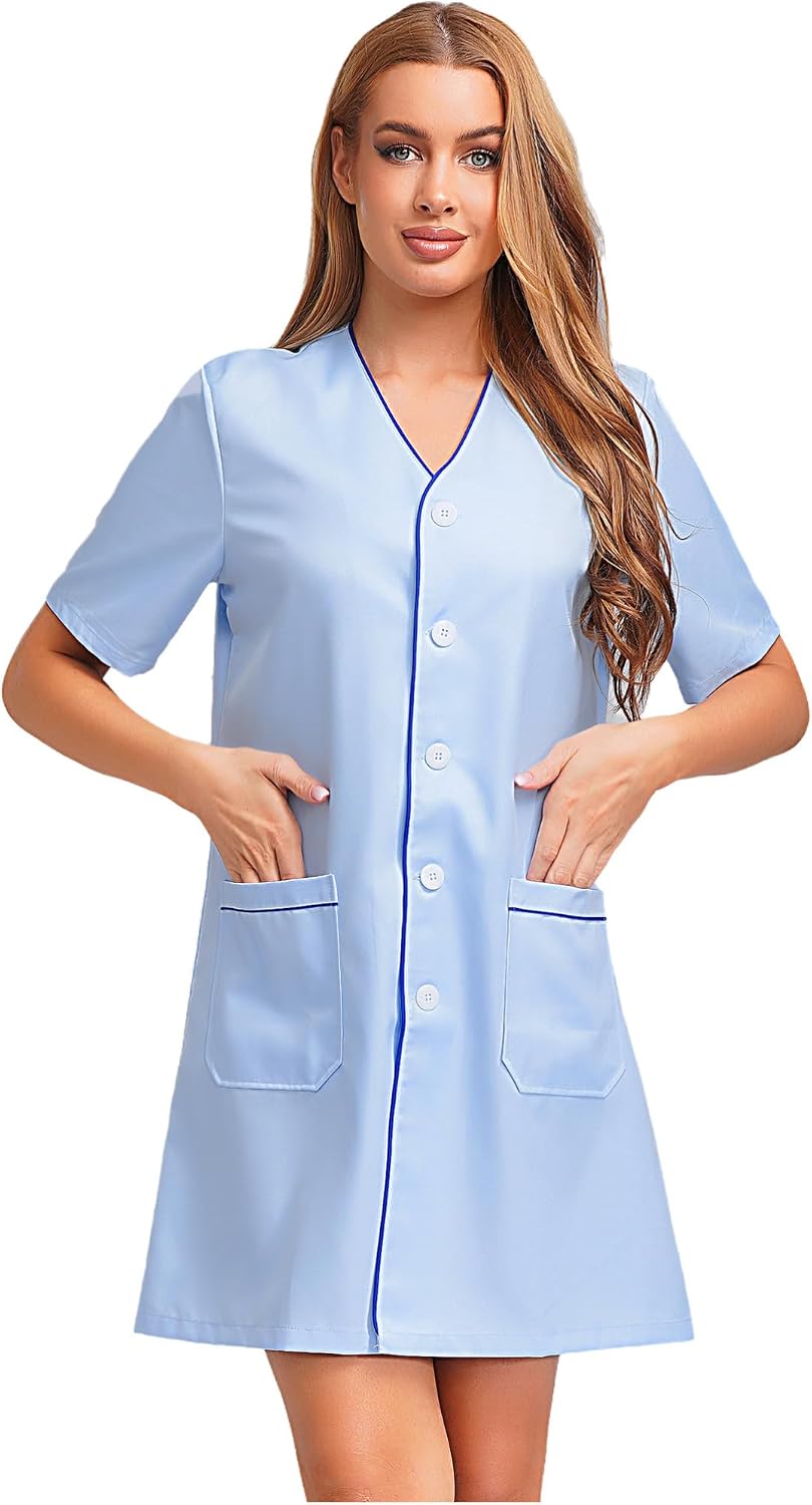 Agoky Womens Short Sleeve Salon Hairstylist Haircut Coat V Neck Beautician Barber Work Shirt Uniform - Light Blue
