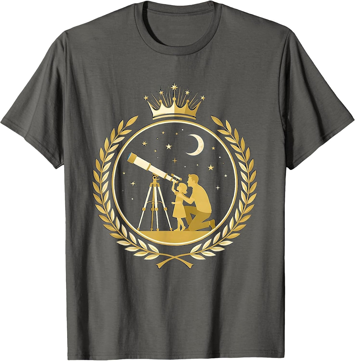 Father Child Stargazing Telescope Night Sky Design T-Shirt - Asphalt Grey