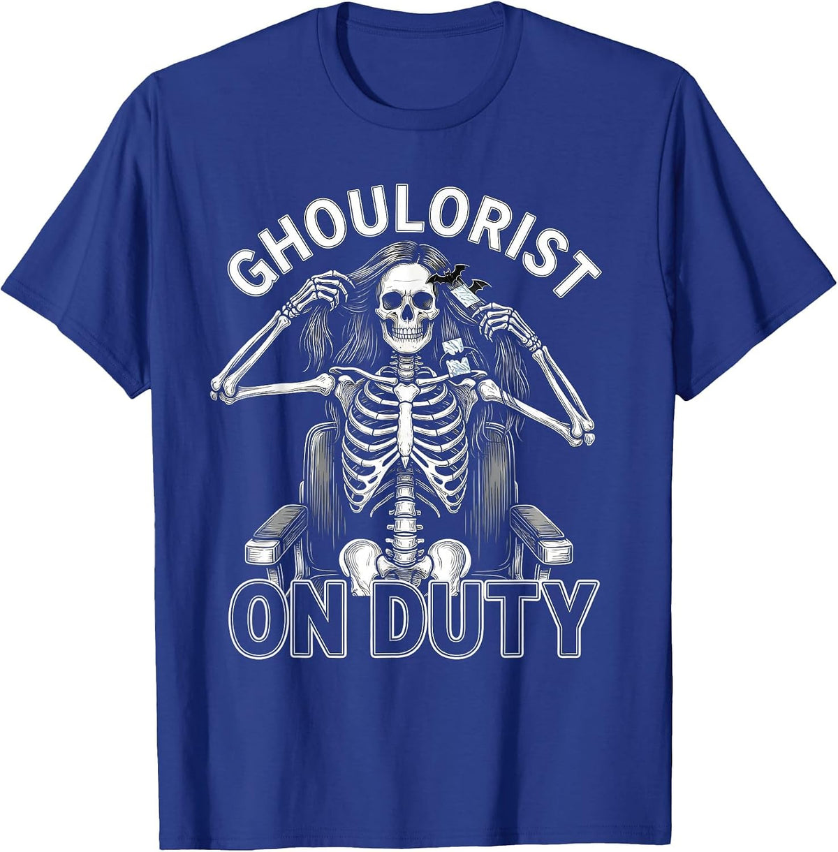 Men's Ghoulorist On Duty Funny Skeleton Hairstylist Halloween T-Shirt - Royal Blue