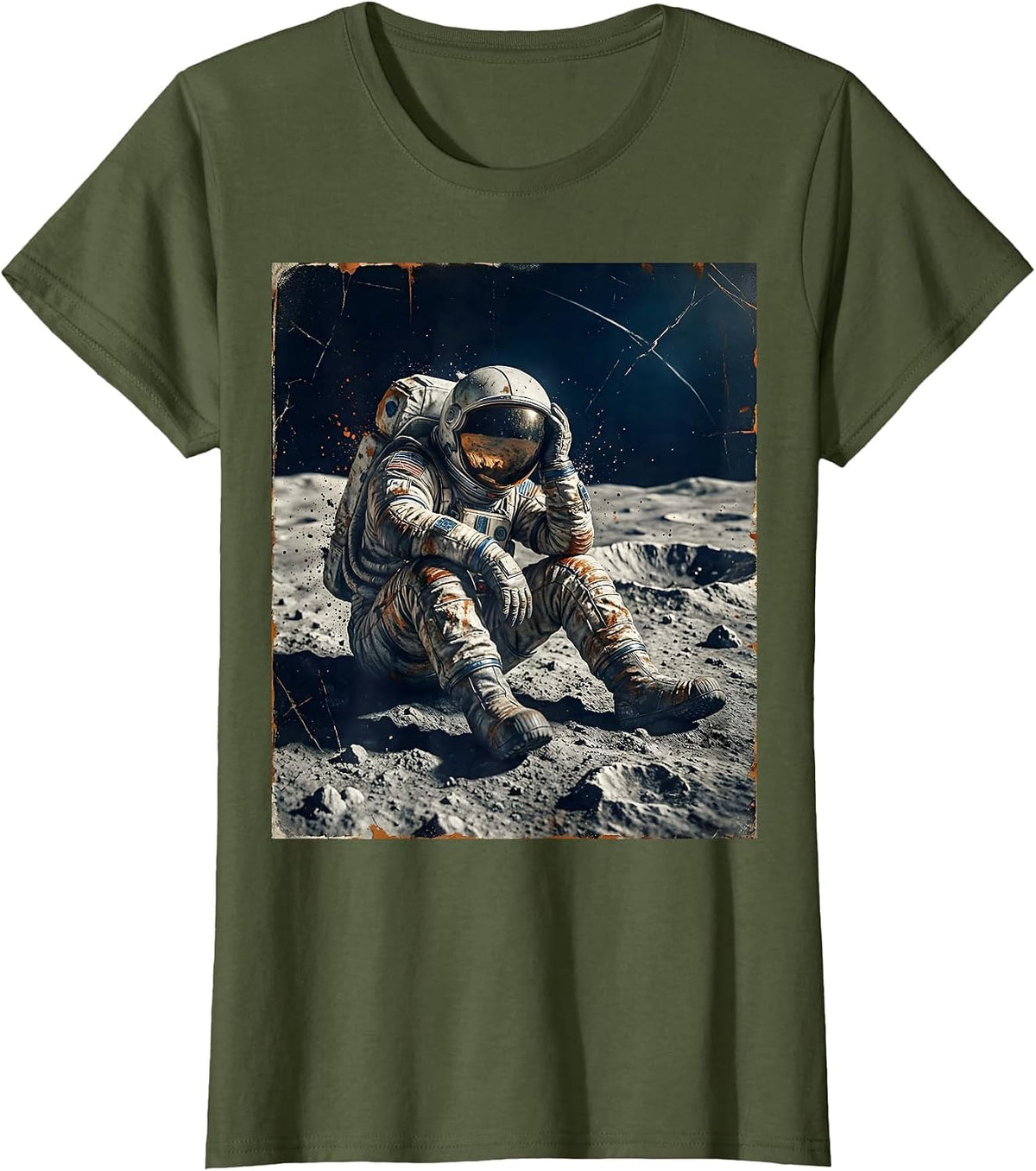 Women's Tired Astronaut Sitting on the Moon Surface T-Shirt - Olive Green