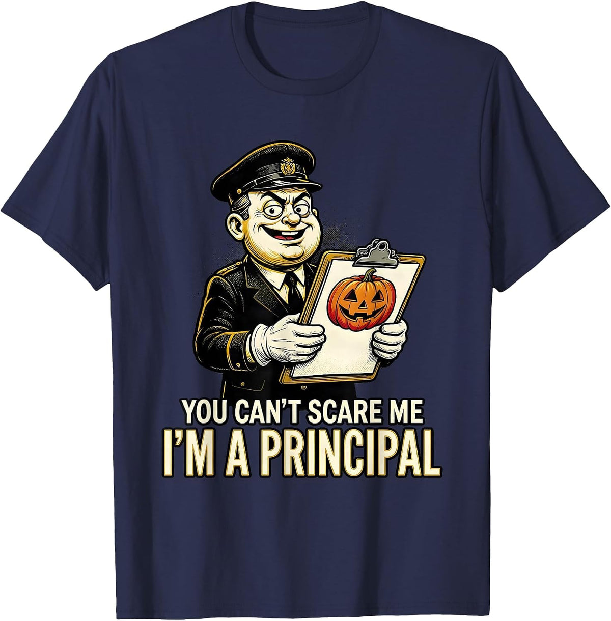 Men's You Can't Scare Me I'm A Principal Retro Cartoon Halloween T-Shirt - Navy Blue
