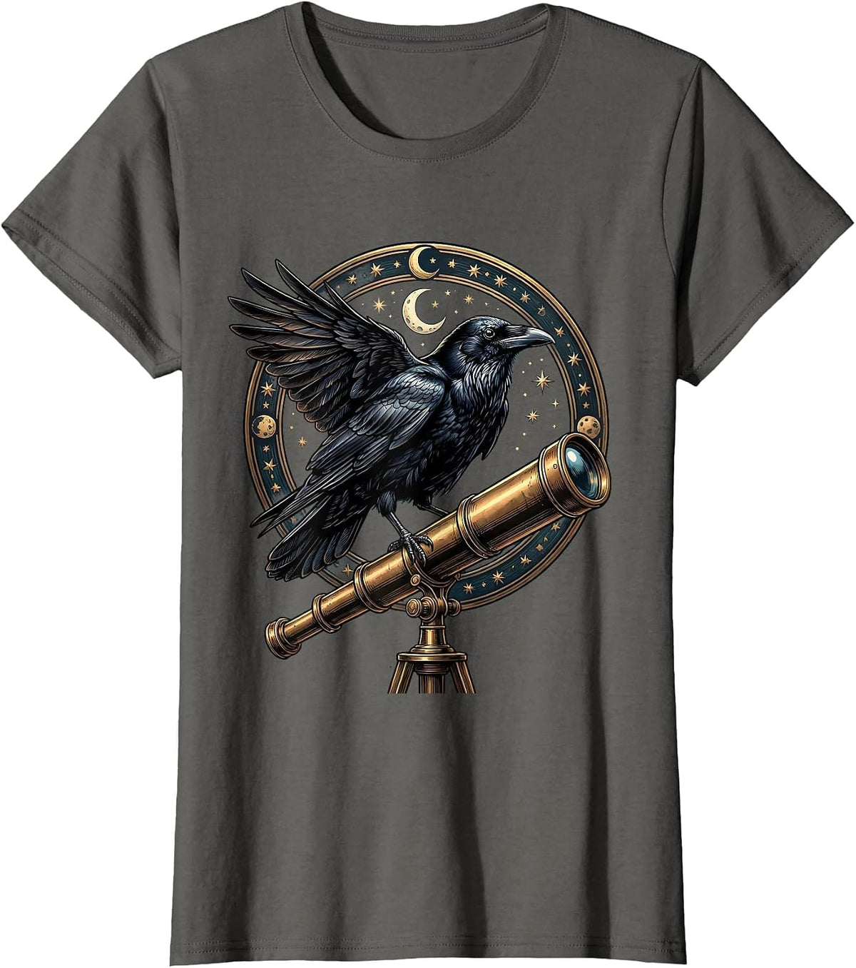 Women's Crow Perched on Telescope Astronomy Illustration T-Shirt - Asphalt Grey