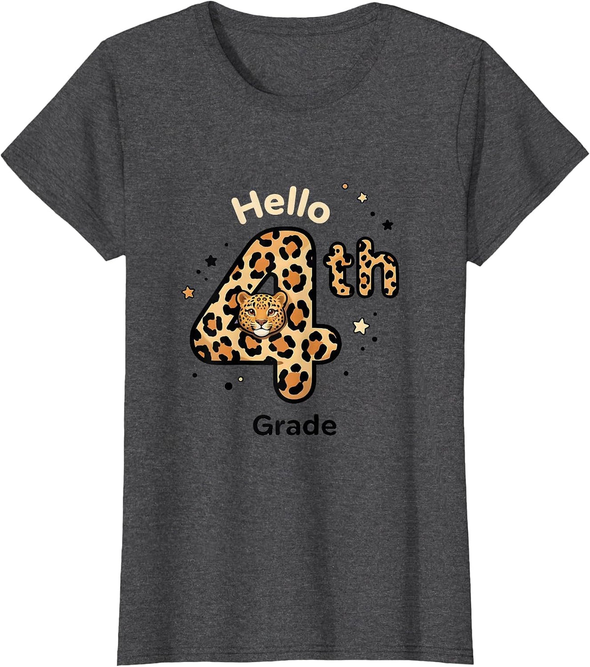 Women's Hello 4th Grade Cute Kawaii Leopard Teacher Student Back T-Shirt - Dark Heather Grey