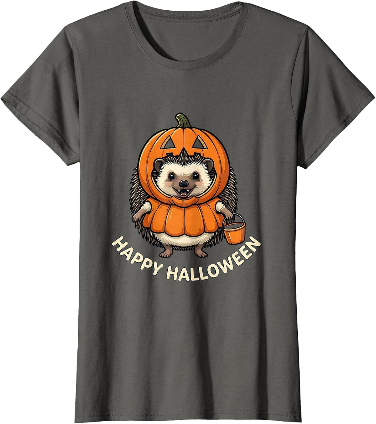Women's Happy Halloween Cheerful Hedgehog Pumpkin Costume Party Wear T-Shirt - Asphalt Grey
