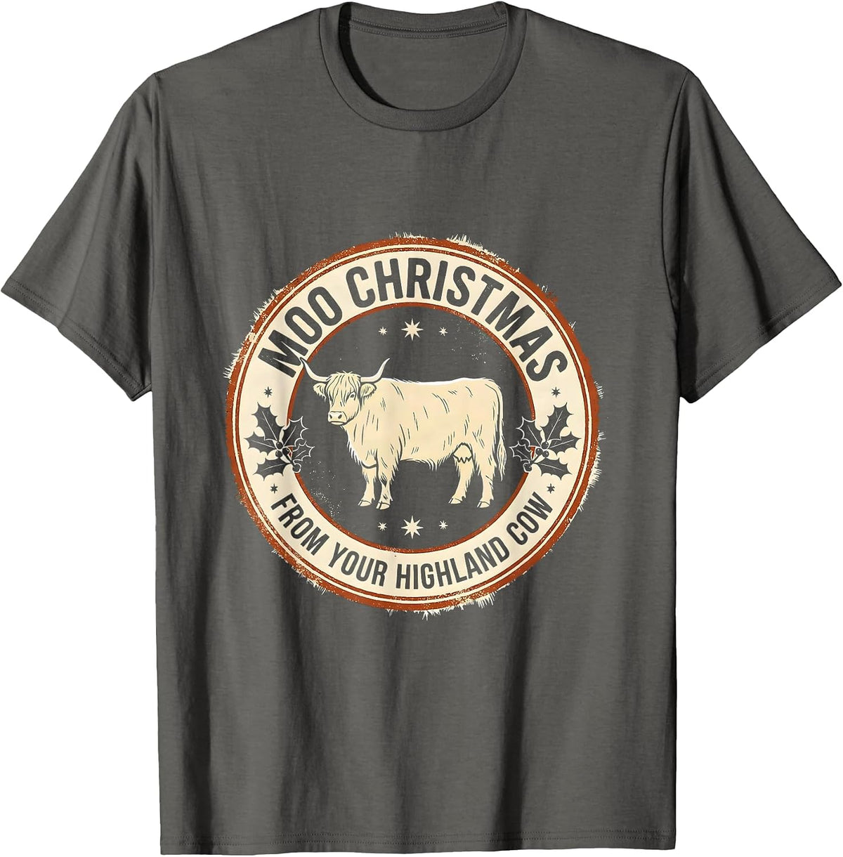 Moo Christmas From Your Highland Cow Funny Farm Animal T-Shirt - Asphalt Grey
