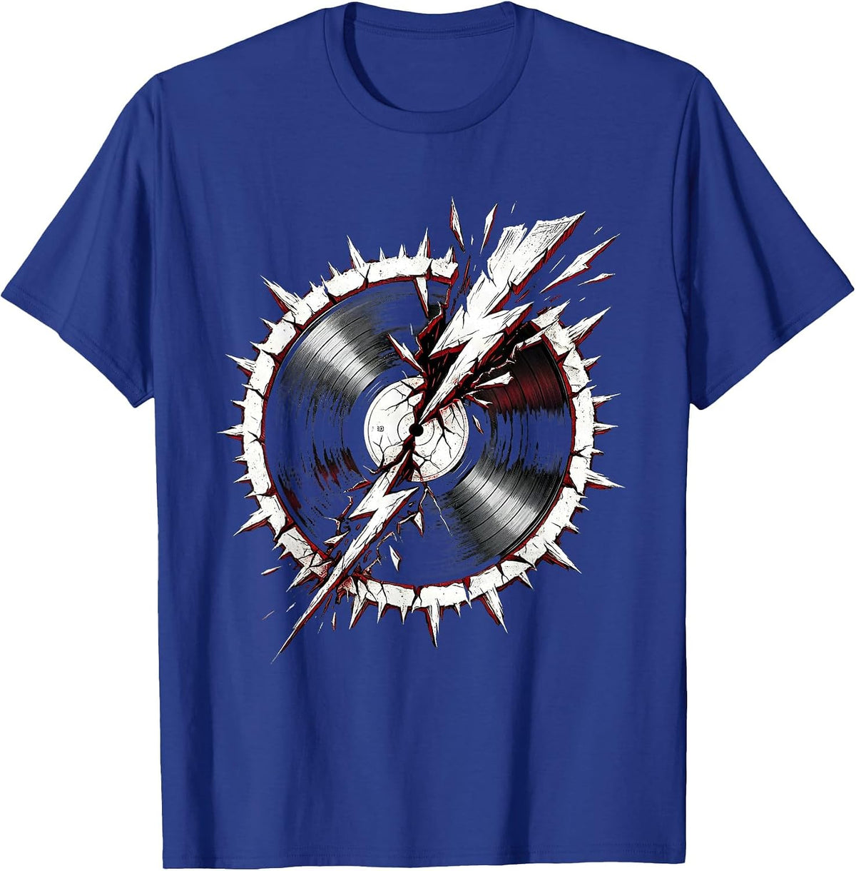 Men's Vinyl Record Lightning Bolt Crack Rock Music Tee T-Shirt - Royal Blue