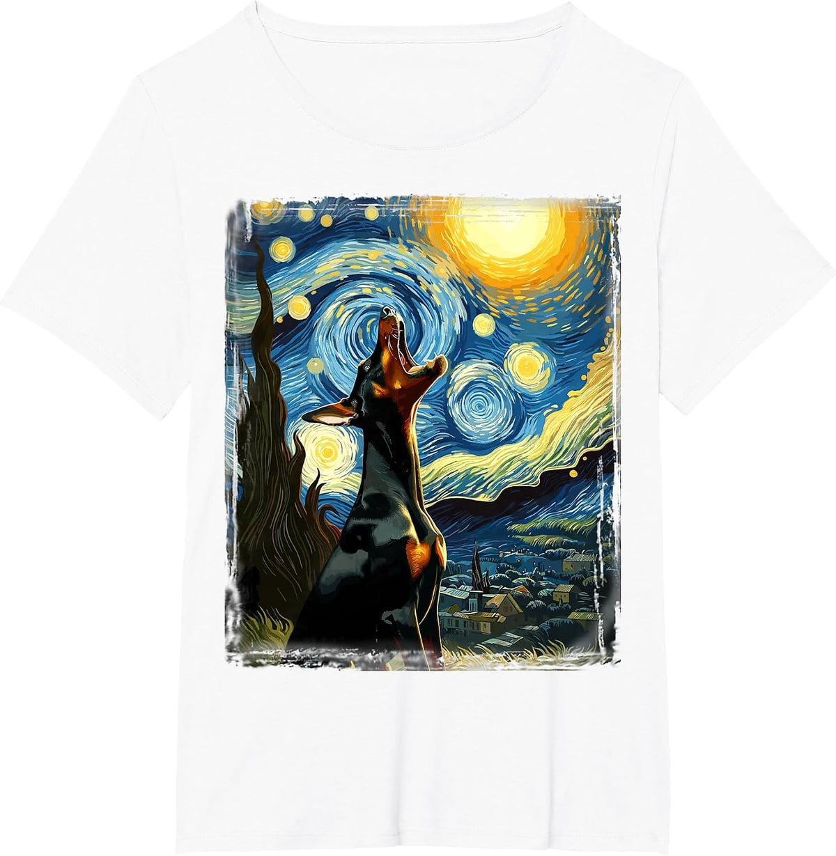 Doberman Pinscher Canine Art Van Gogh Starry Night Doberman T-Shirt - White