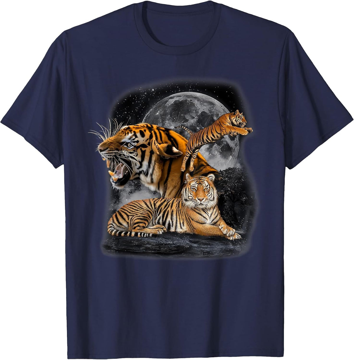 Vintage Three Tigers Retro Alpha Moon Bengal Tiger Lovers T-Shirt - Navy Blue