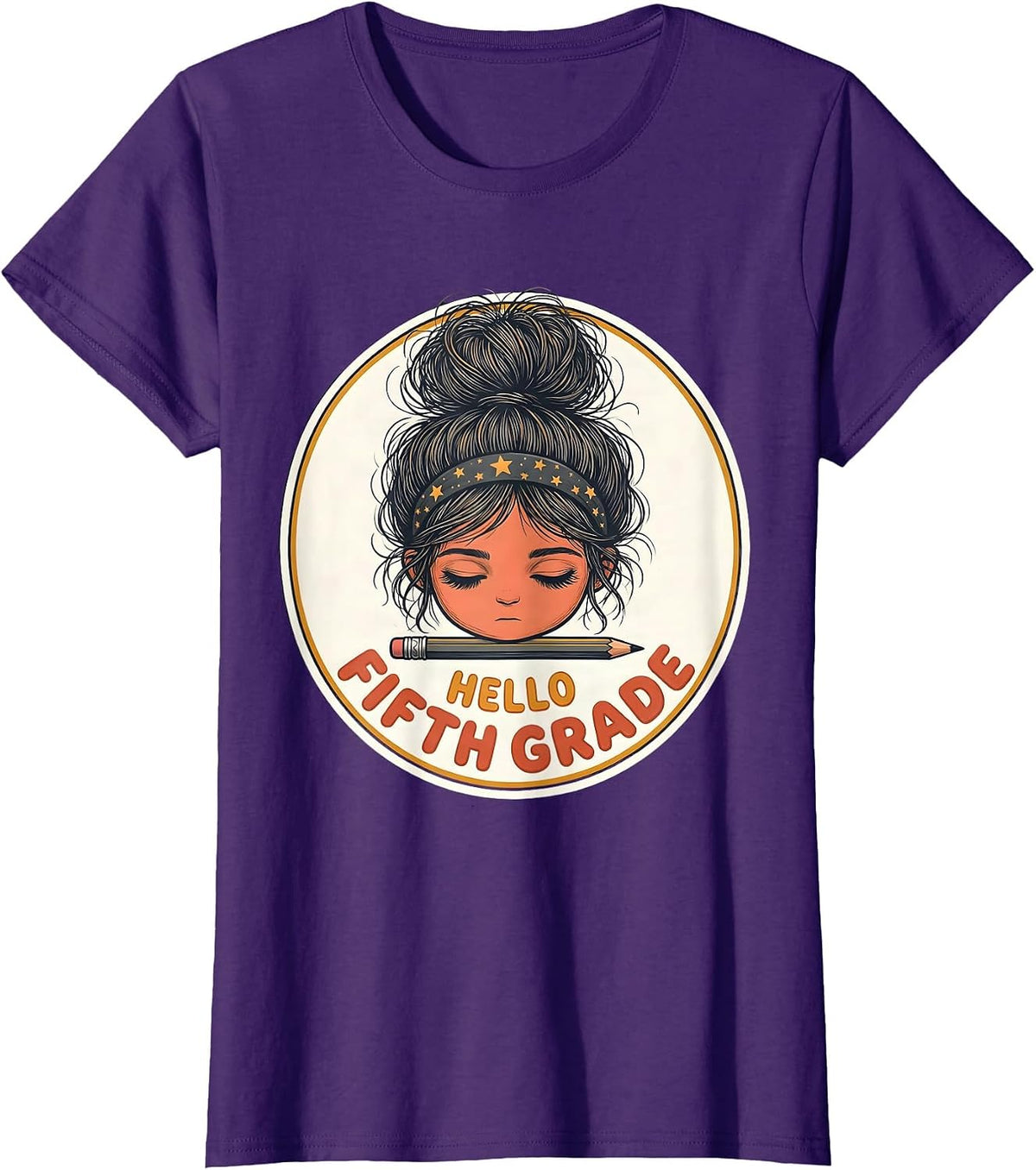 Women's Hello Fifth Grade Back To School Messy Bun Girls Humor T-Shirt - Purple