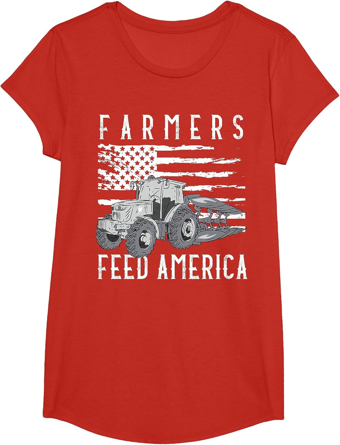 Farm Tractors USA Flag Farmers Feed America Farming T-Shirt - Girls Red