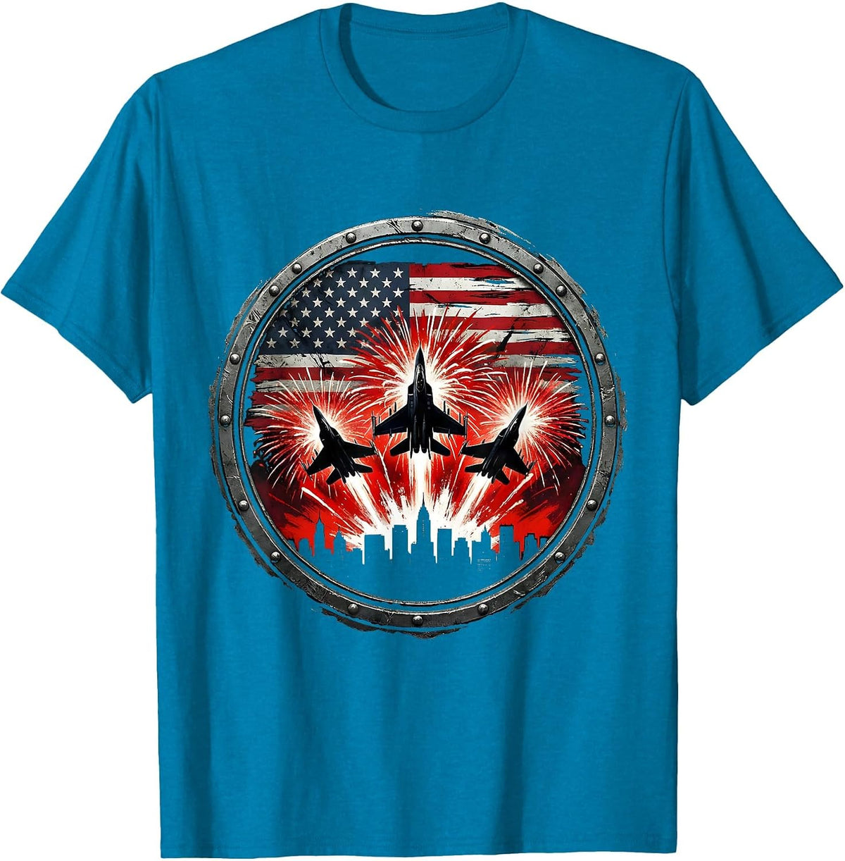 Red White and Blue Fireworks City Skyline T-Shirt - Sapphire Blue