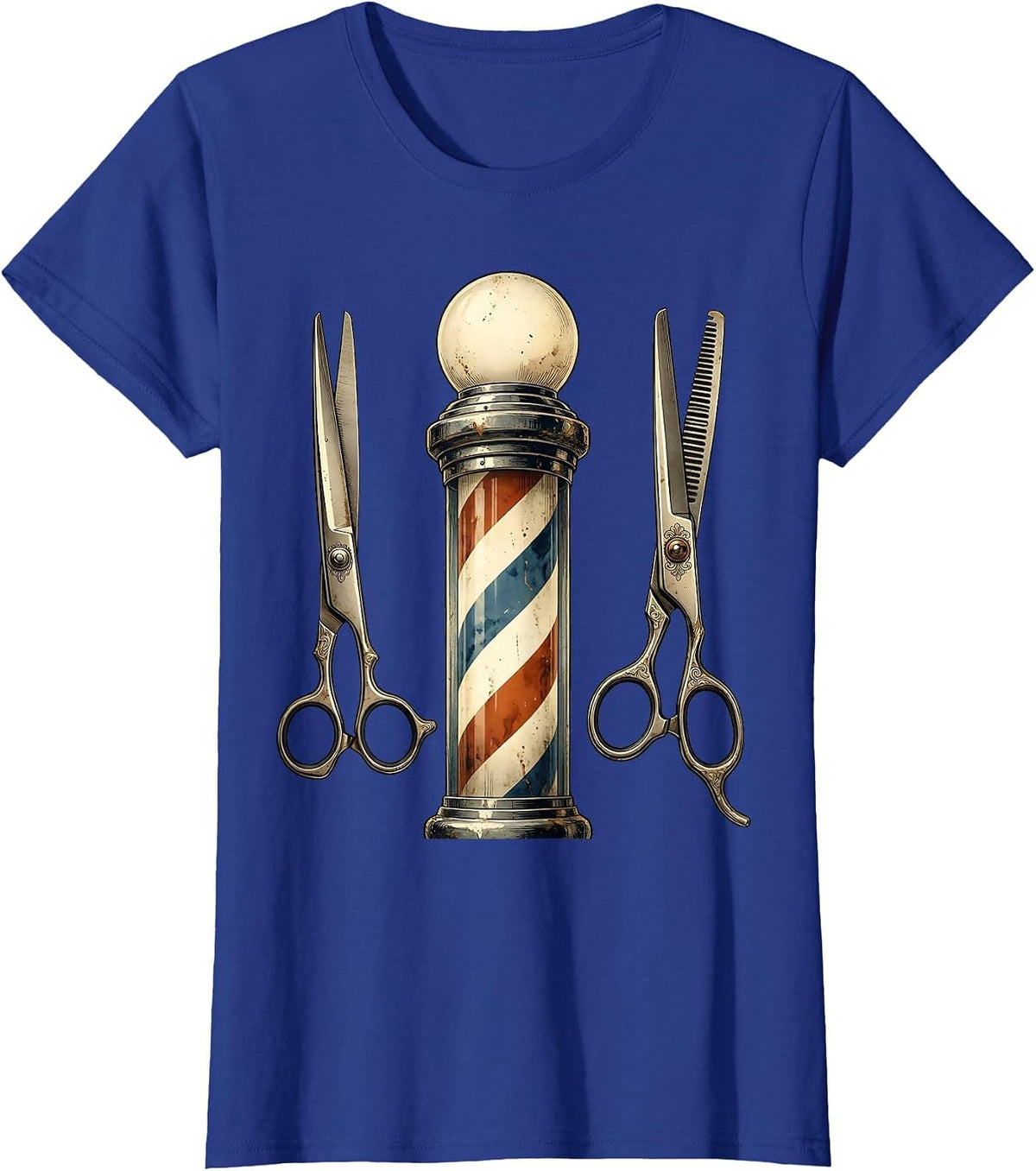 Women's Vintage Barber Pole and Scissors Illustration T-Shirt - Royal Blue