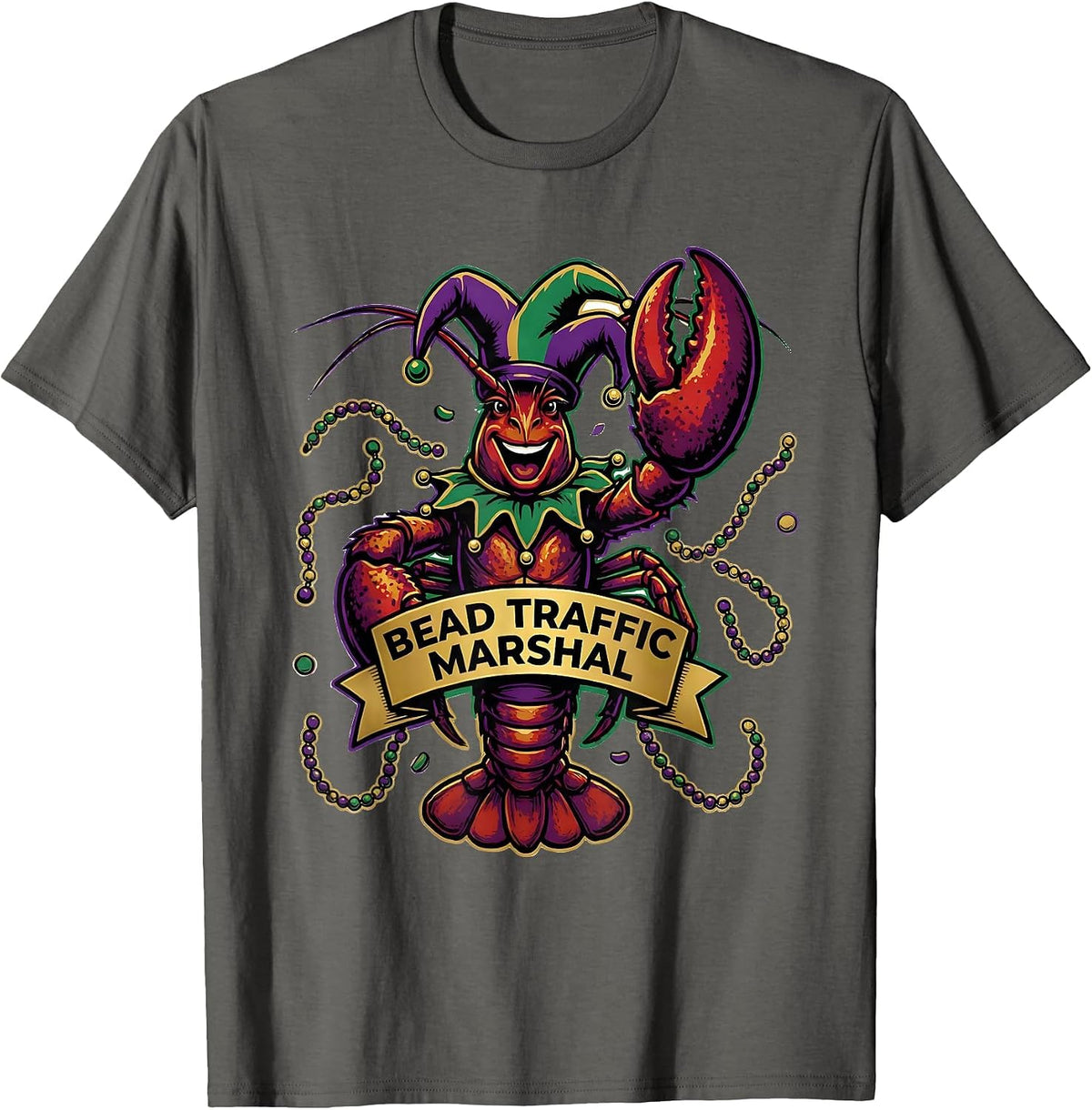 Men's Bead Traffic Marshal Funny Crawfish Jester Mardi Gras Party T-Shirt - Asphalt Grey