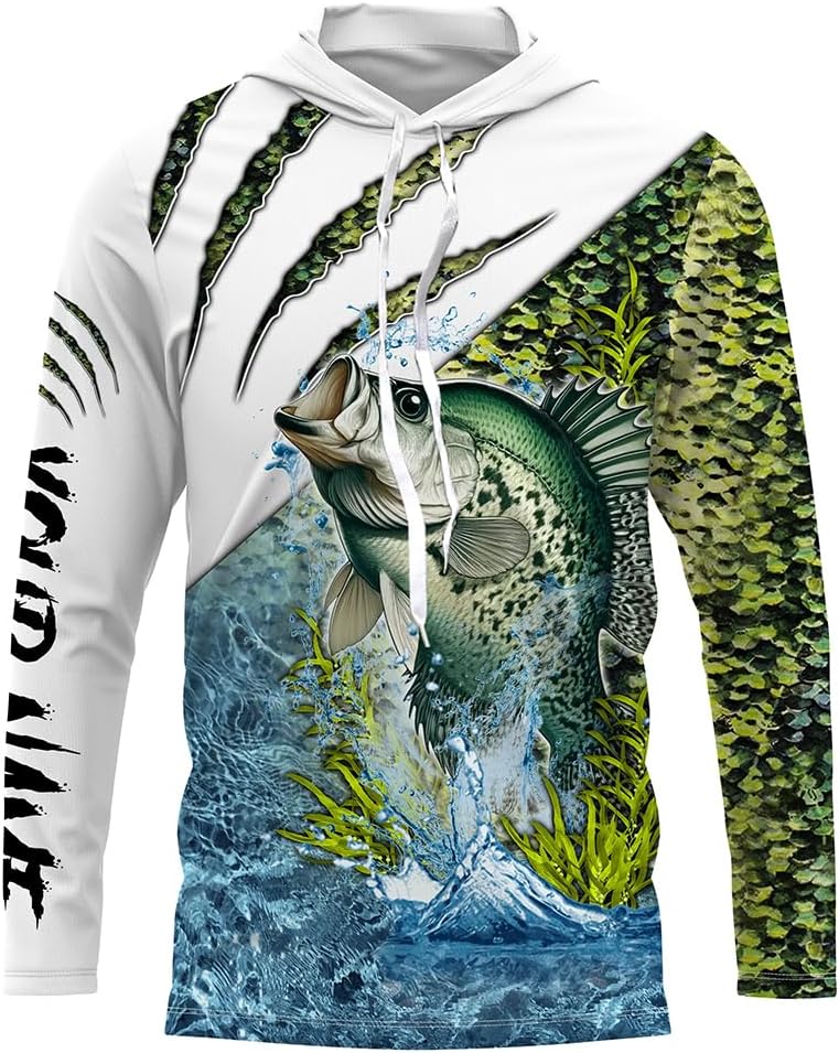 Crappie Fishing Green Scales Freshwater Custom Name Long Sleeve, Long Sleeve Hooded Fishing Shirt - Long Sleeves Hooded Upf