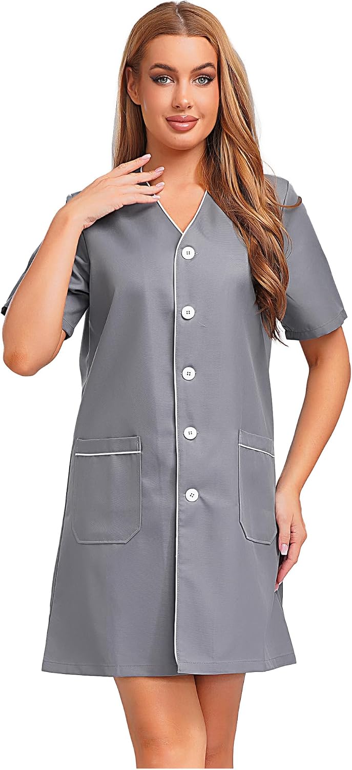 Agoky Womens Short Sleeve Salon Hairstylist Haircut Coat V Neck Beautician Barber Work Shirt Uniform - Gray
