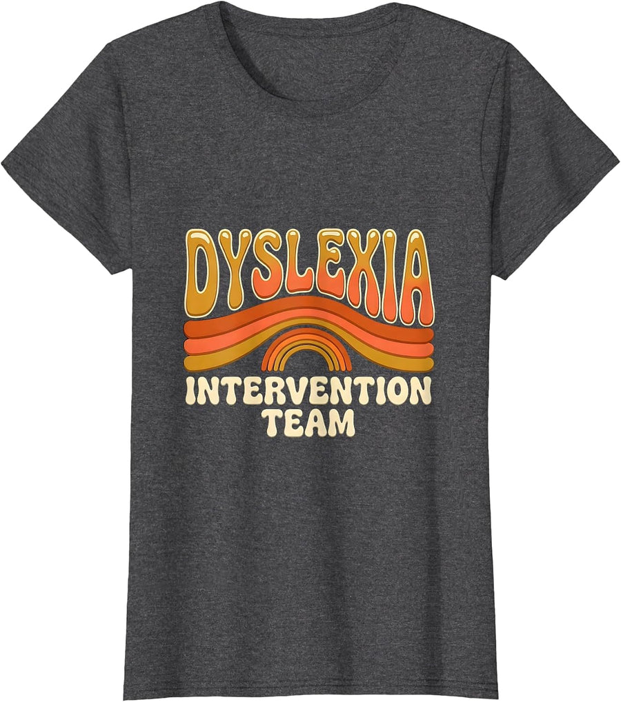 Women's Dyslexia Intervention Team Retro 70s Teacher Squad Awareness T-Shirt - Dark Heather Grey
