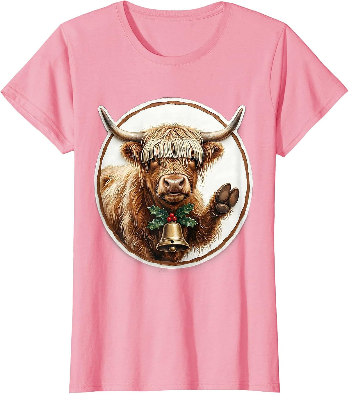 Women's Highland Cow Holiday Storybook Farm Animal Lover T-Shirt - Pink