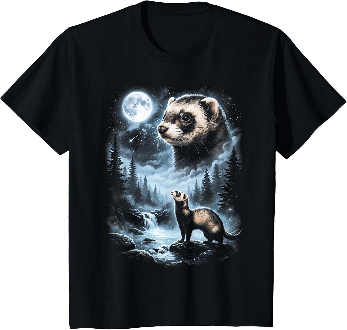 Ferret Howling at Moon 90's Retro T-Shirt - Black