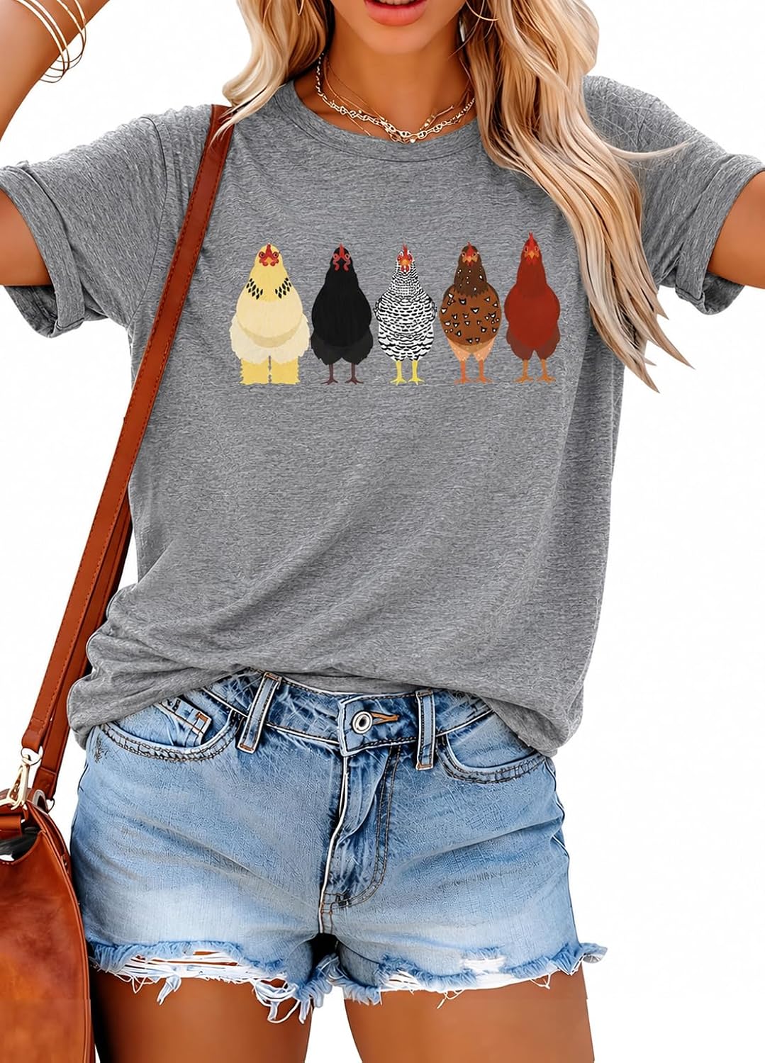 Chicken Shirts for Women Chicken Mom Tshirt Farm Casual Short Sleeve Tops - Gray