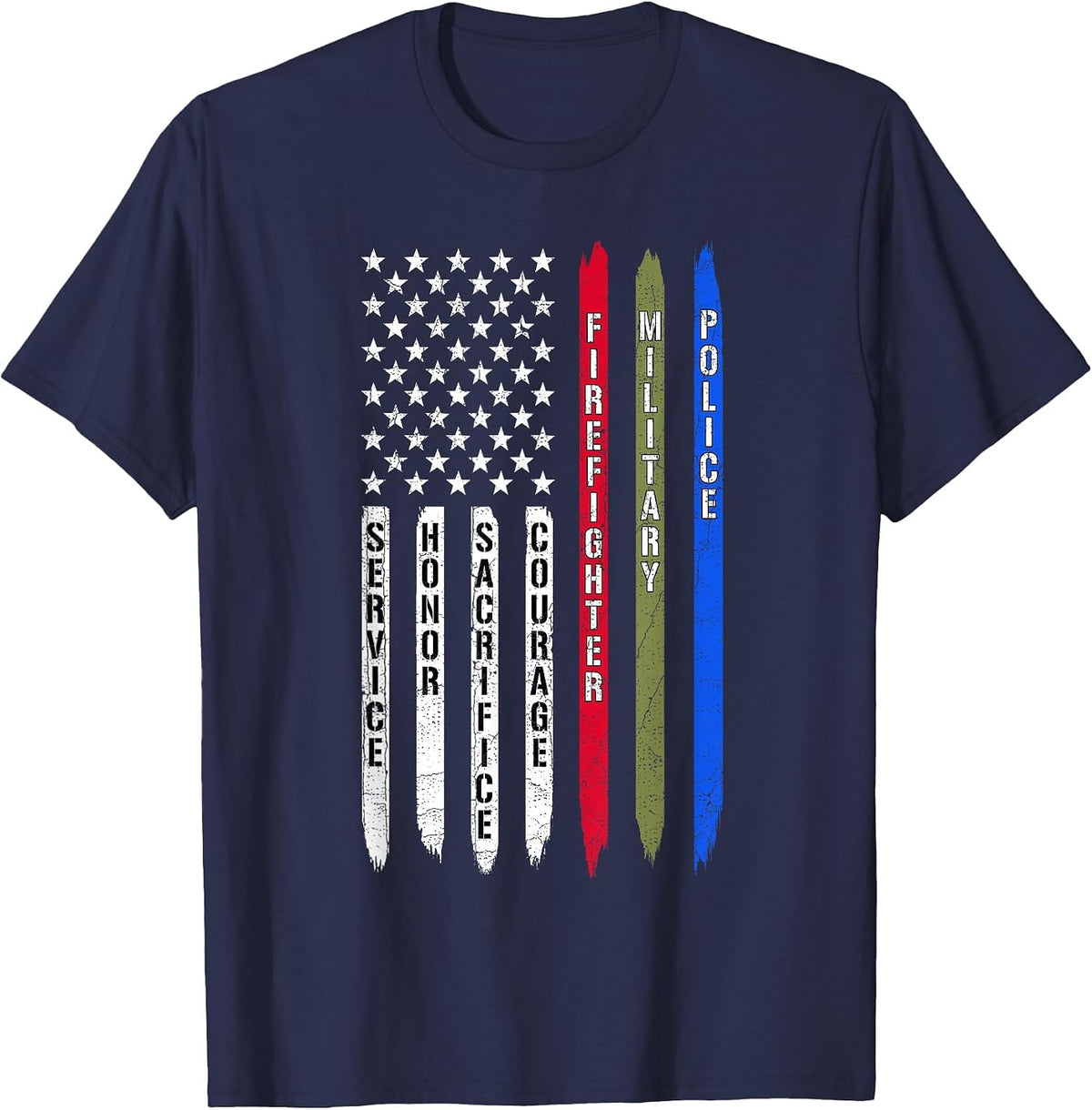 Police Military Fire Firefighter Thin Line USA American Flag T-Shirt - Navy Blue