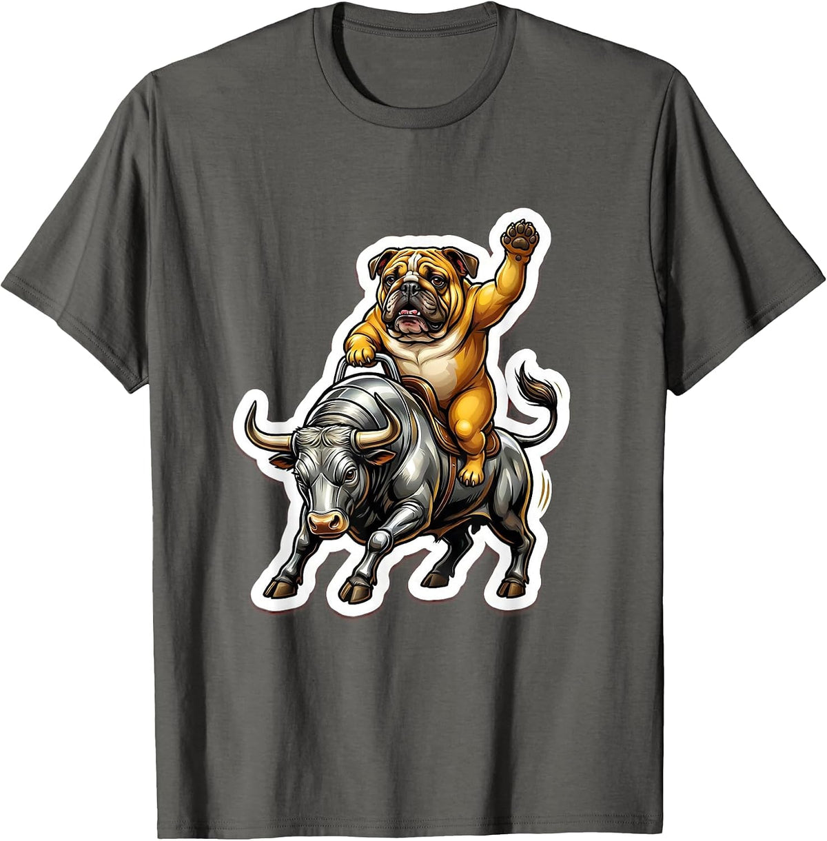Bulldog Riding a Mechanical Bull Graphic Tee T-Shirt - Asphalt Grey