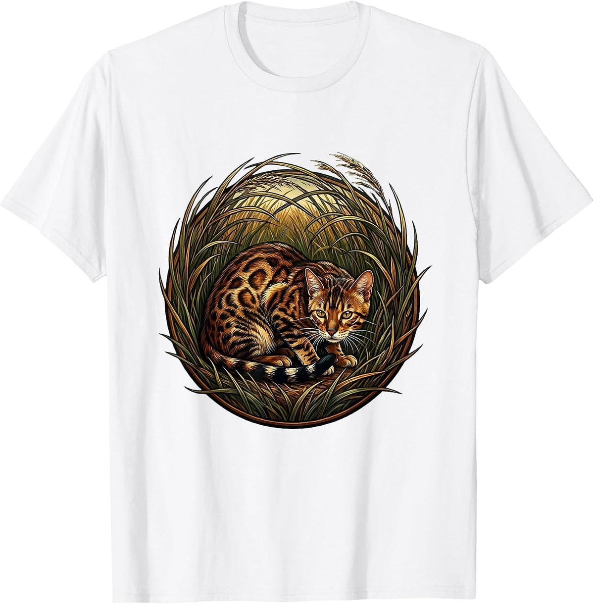 Men's Bengal Cat Stalking Through Tall Grass Illustration T-Shirt - White