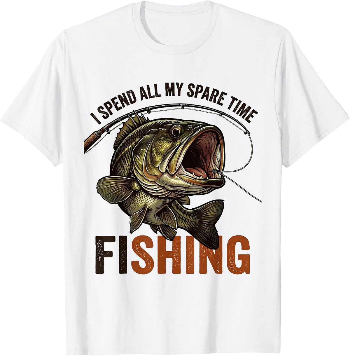 Men's I Spend All My Spare Time Fishing Funny Distressed Bass T-Shirt - White