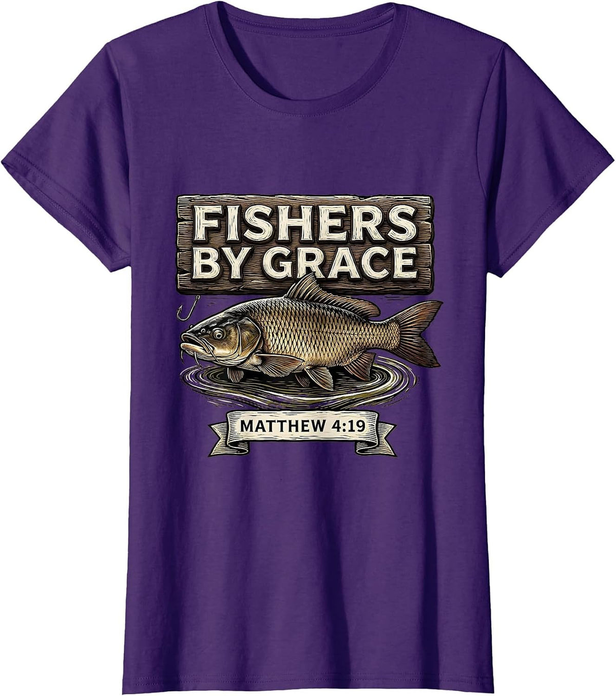 Women's Fishers By Grace Matthew 4:19 Christian Fishing Father T-Shirt - Purple