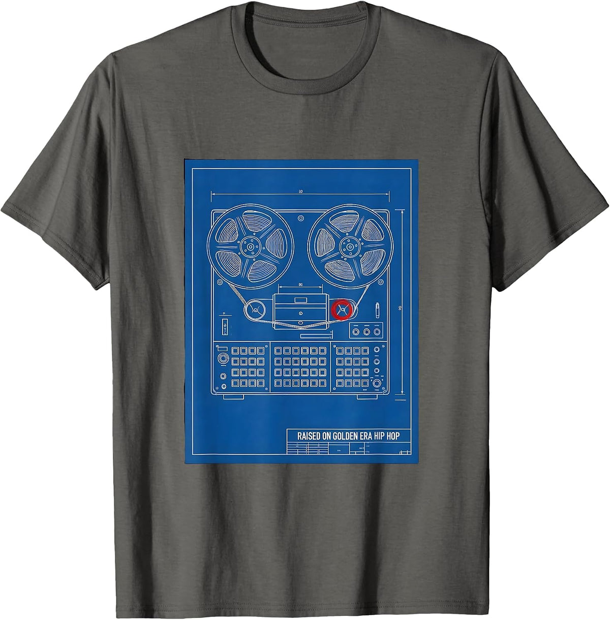 Men's Raised On Golden Era Hip Hop Technical Blueprint Cassette T-Shirt - Asphalt Grey