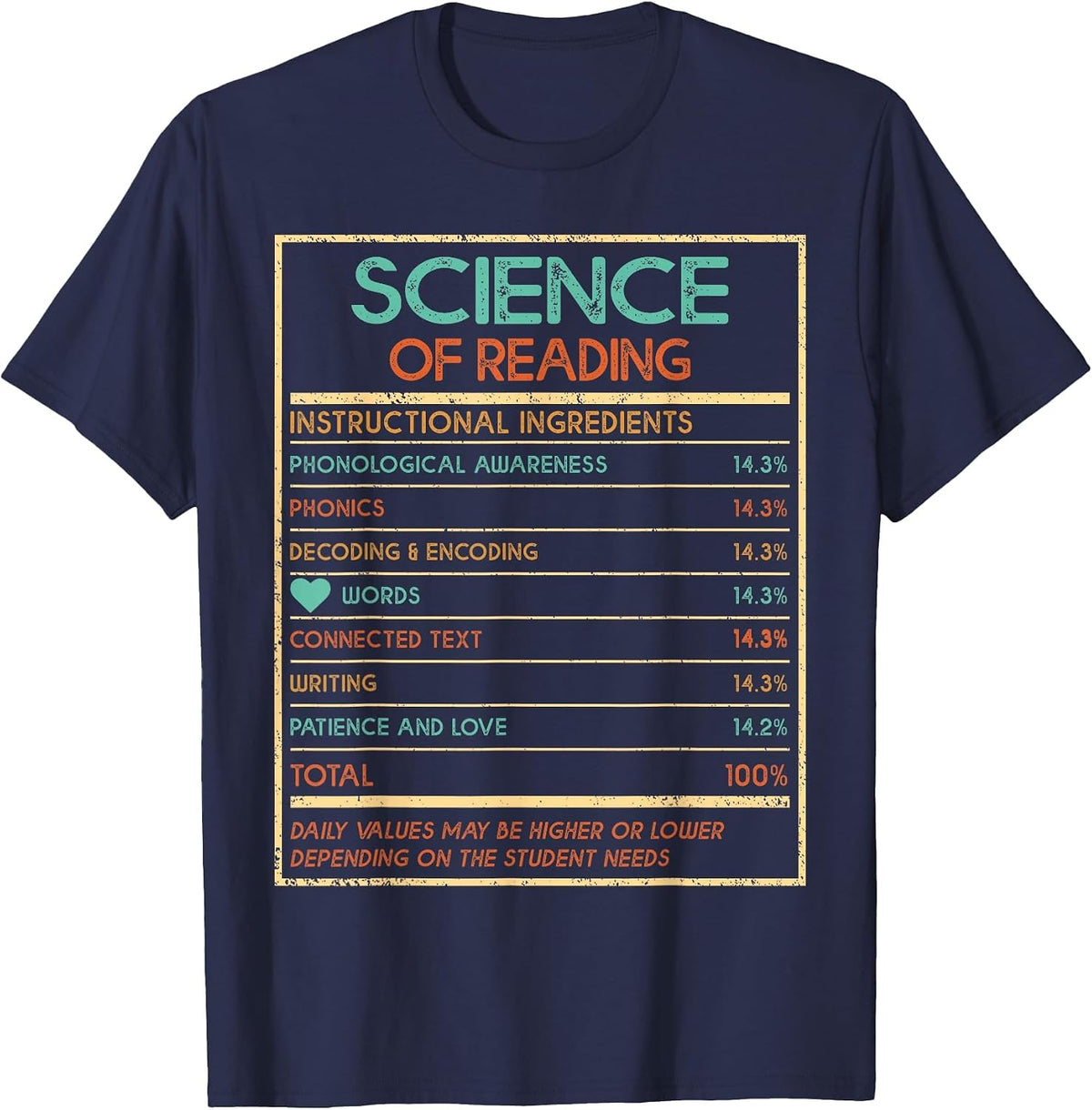 Reading Teacher Funny Science of Reading Nutrition Facts T-Shirt - Navy Blue