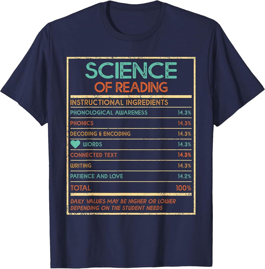 Reading Teacher Funny Science of Reading Nutrition Facts T-Shirt - Navy Blue