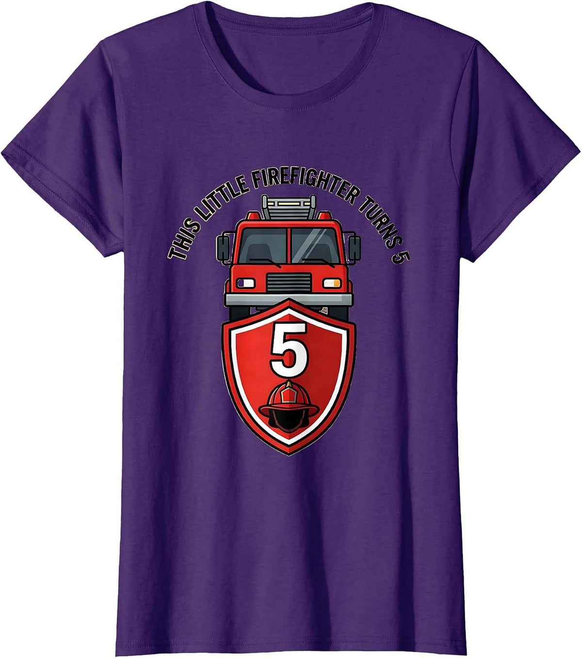 Women's This Little Firefighter Turns 5 Playful Fire Truck Birthday T-Shirt - Purple