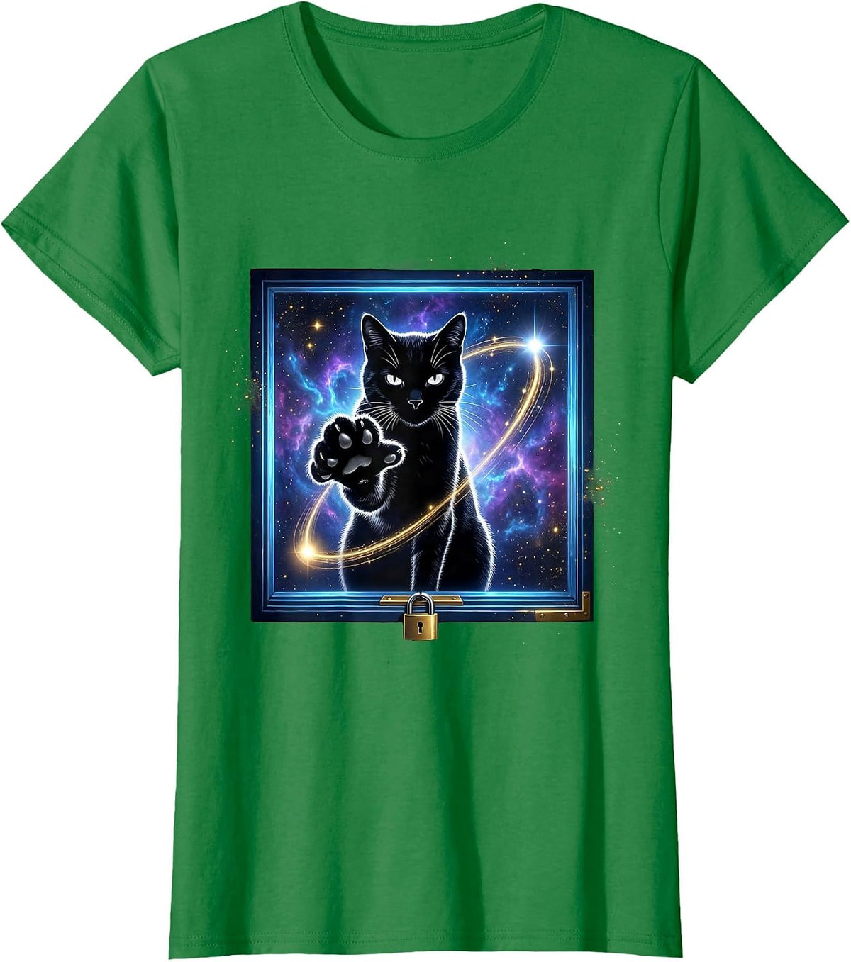 Women's Cosmic Cat Quantum Physics Science Enthusiast Humor T-Shirt - Kelly Green