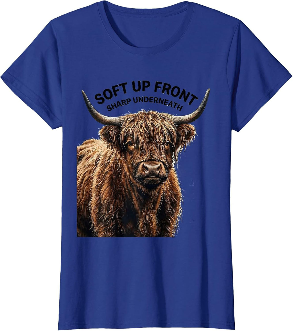 Women's Soft Up Front Sharp Underneath Funny Highland Cow Cute T-Shirt - Royal Blue