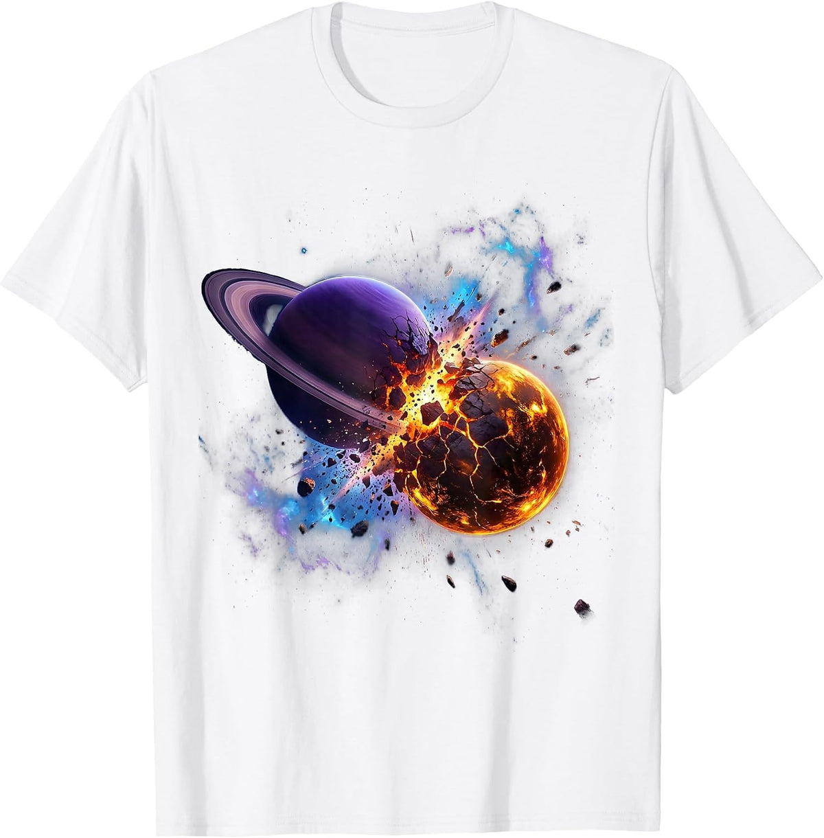 Men's Two Planets Colliding in Deep Space Illustration T-Shirt - White