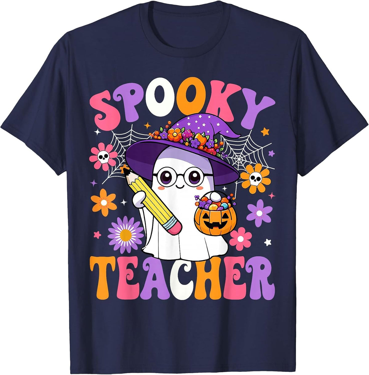 Trick Or Teach Spooky Teacher Ghost Funny Halloween Teacher T-Shirt - Navy Blue