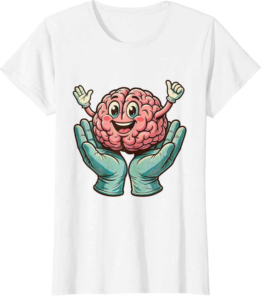 Women's Smiling Brain Surgeon Hands Dark Humor Graphic T-Shirt - White