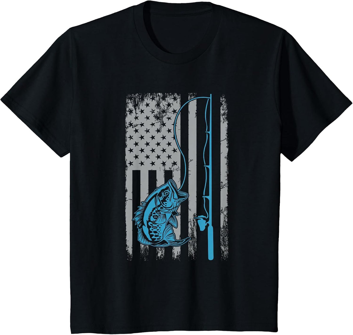 American Flag Fishing Rod Bass Fishing Vintage Fisherman T-Shirt - Black