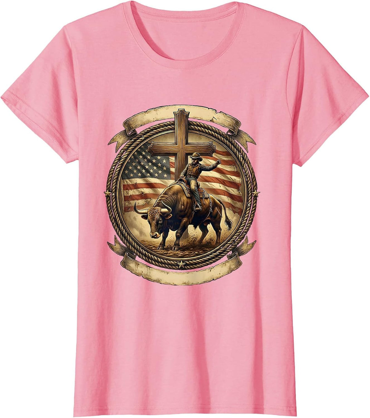 Women's Rodeo Bull Riding Graphic - USA Cowboy Bucking T-Shirt - Pink