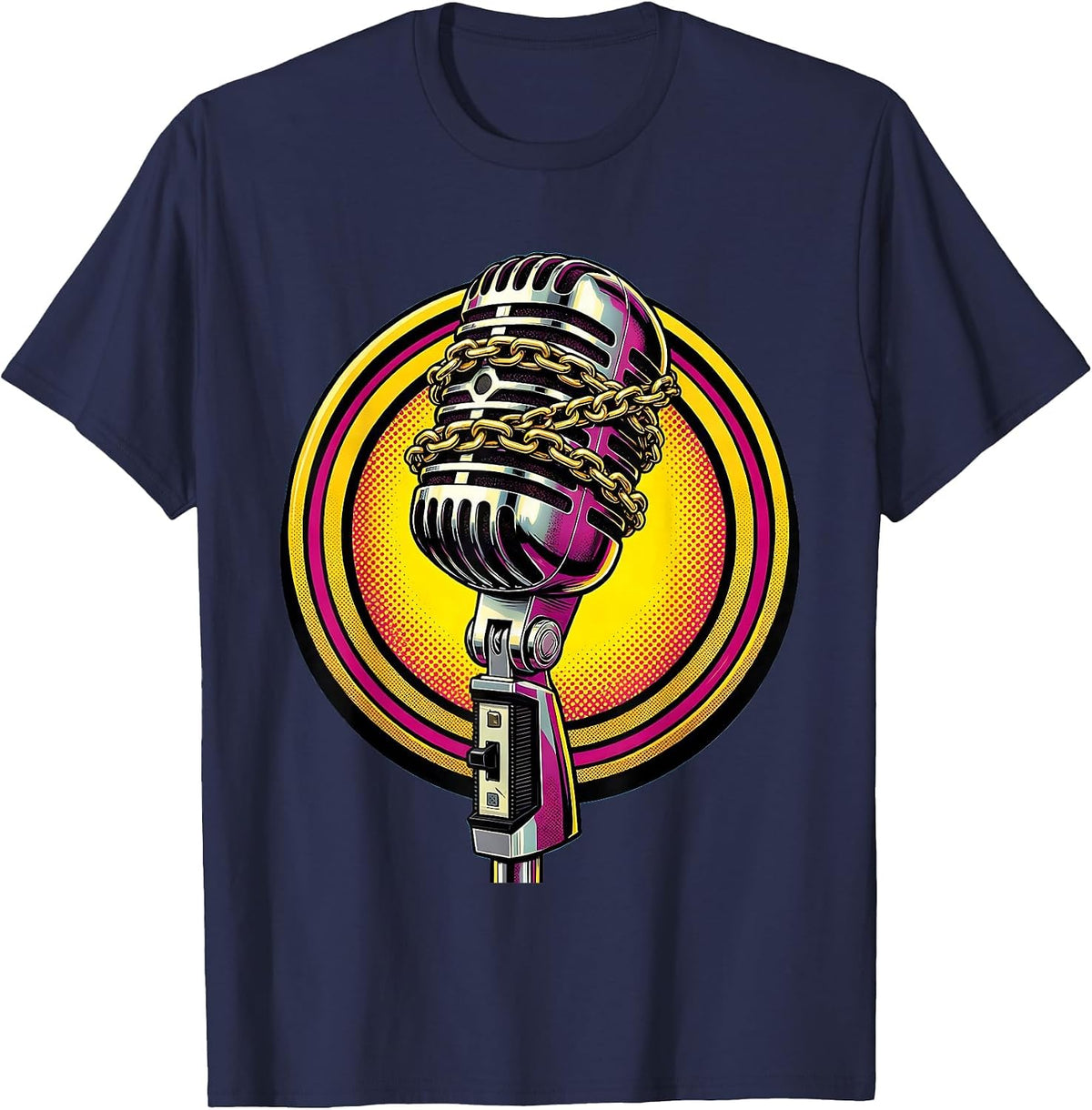 Men's Gold Chain Microphone Hip Hop Graphic Tee T-Shirt - Navy Blue