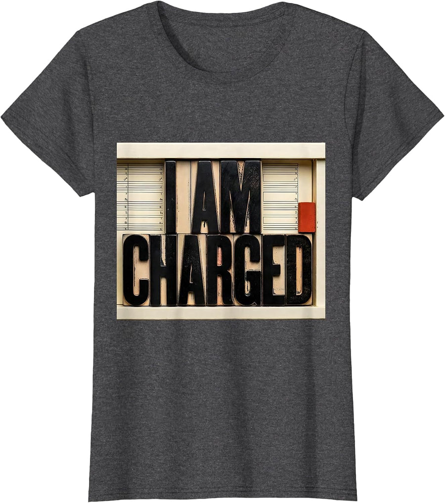 Women's I Am Charged Wood Type Letterpress Chemistry Pun Science T-Shirt - Dark Heather Grey