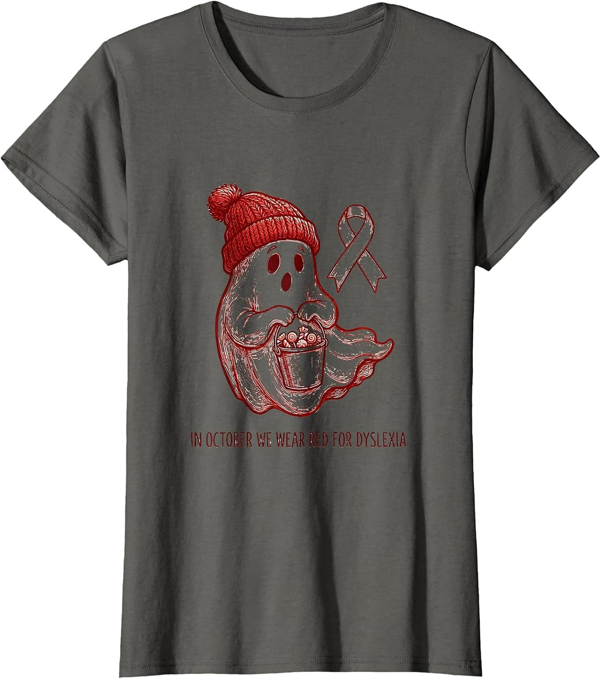 Women's In October We Wear Red for Dyslexia Line Art Dyslexia T-Shirt - Asphalt Grey