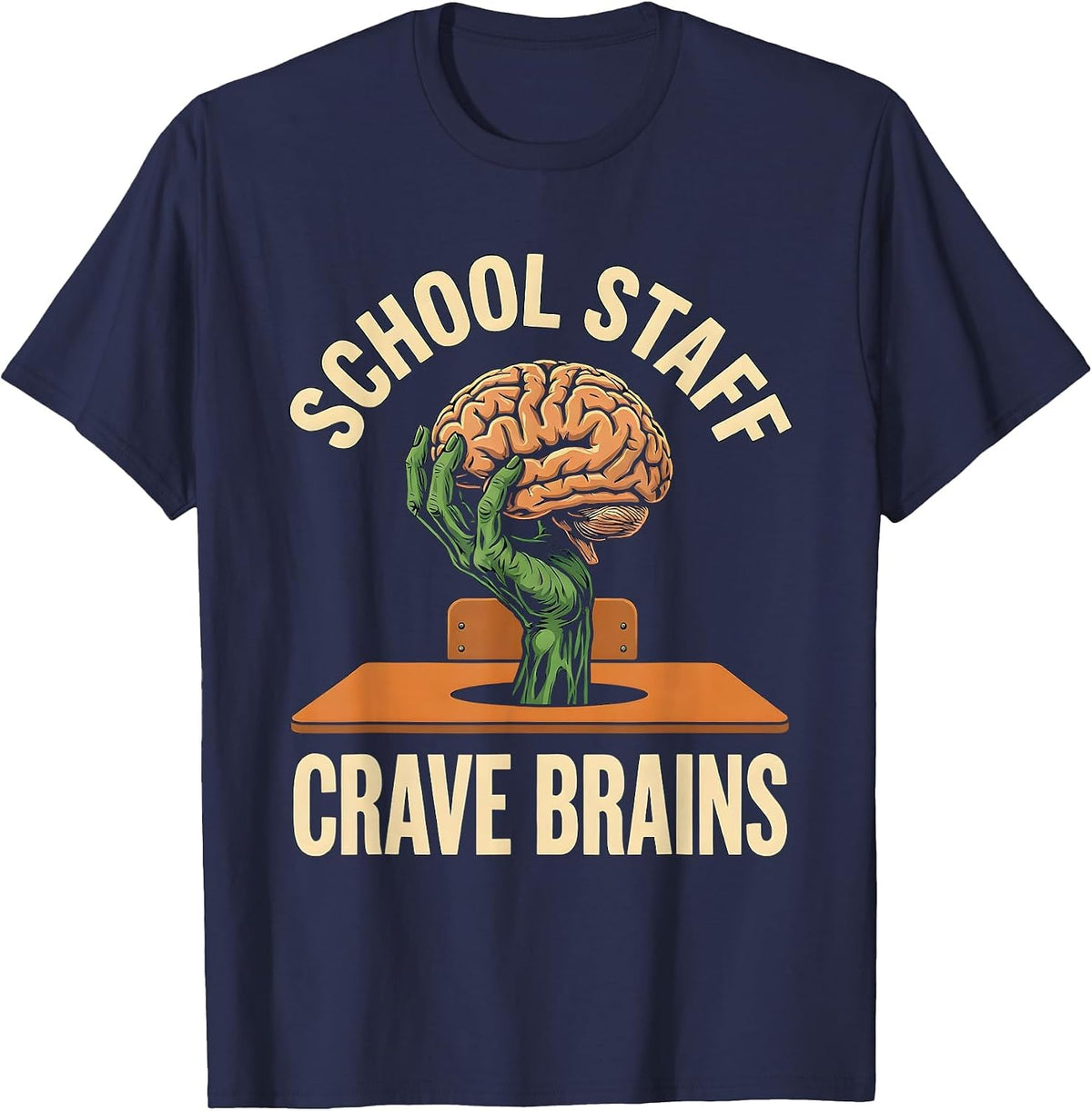Men's School Staff Crave Brains Funny Teacher Halloween Zombie T-Shirt - Navy Blue