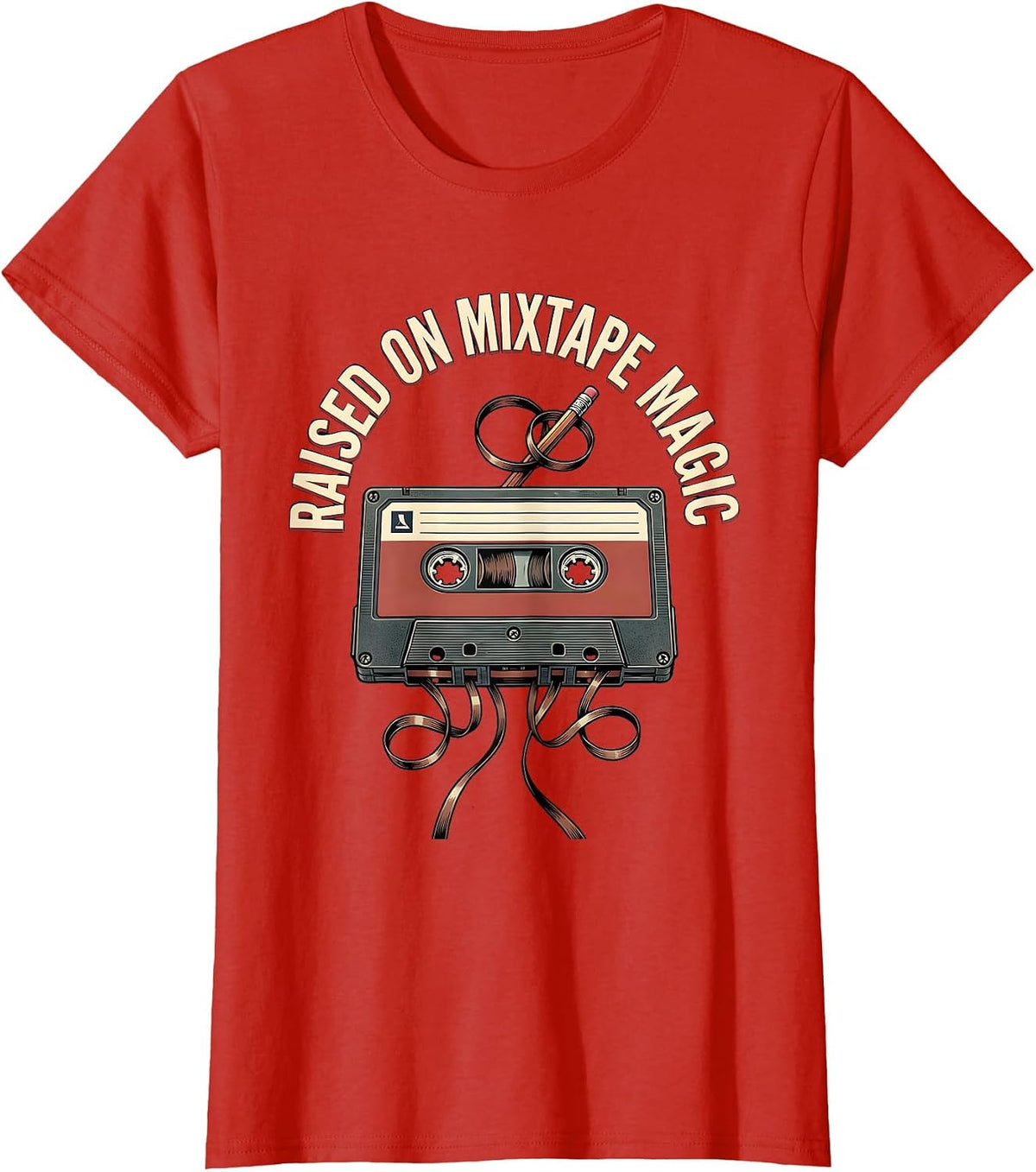 Raised On Mixtape Magic Old School Hip Hop Cassette T-Shirt - Red