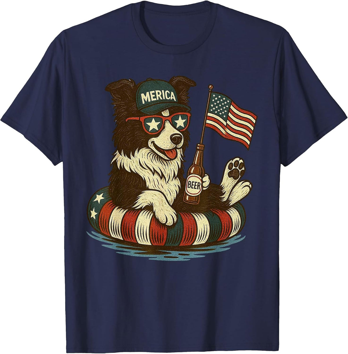 Border Collie America Flag Patriotic Boxer Dog Lover 4th of T-Shirt - Navy Blue