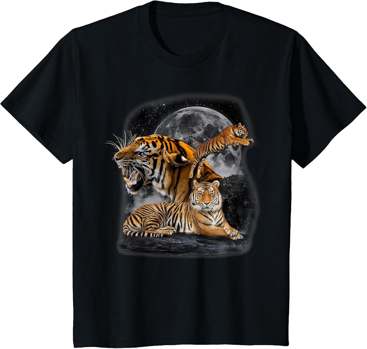 Vintage Three Tigers Retro Alpha Moon Bengal Tiger Lovers T-Shirt - Black