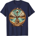 Acoustic Guitar Tree Lake Art Retro Guitarist Women Men Kids T-Shirt - Navy Blue
