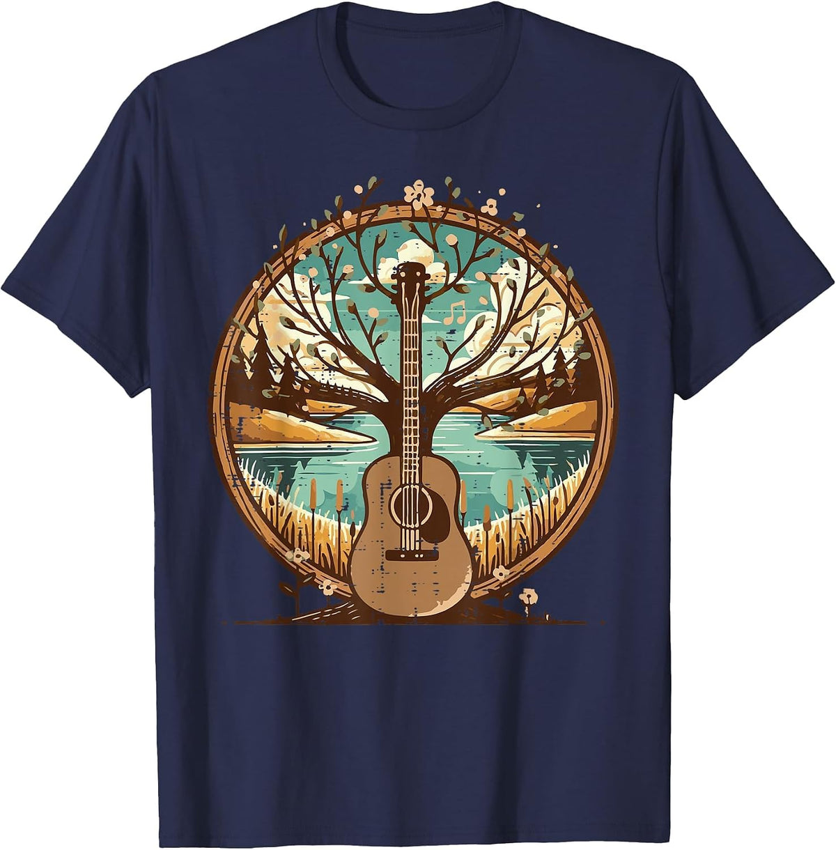 Acoustic Guitar Tree Lake Art Retro Guitarist Women Men Kids T-Shirt - Navy Blue